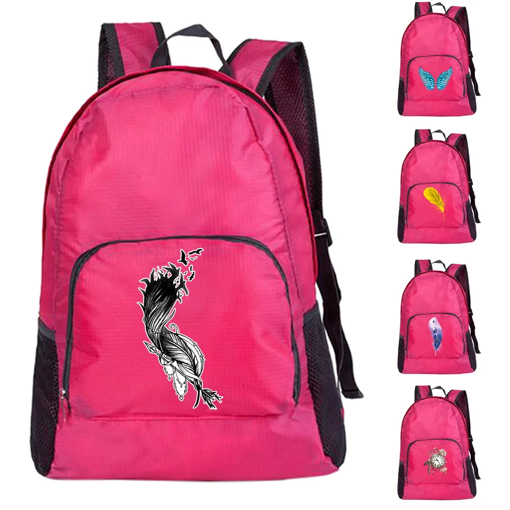 Lightweight Portable Foldable Waterproof Backpack Feather Print Folding Bag Ultralight Outdoor Pack for Women Men Travel Hiking
