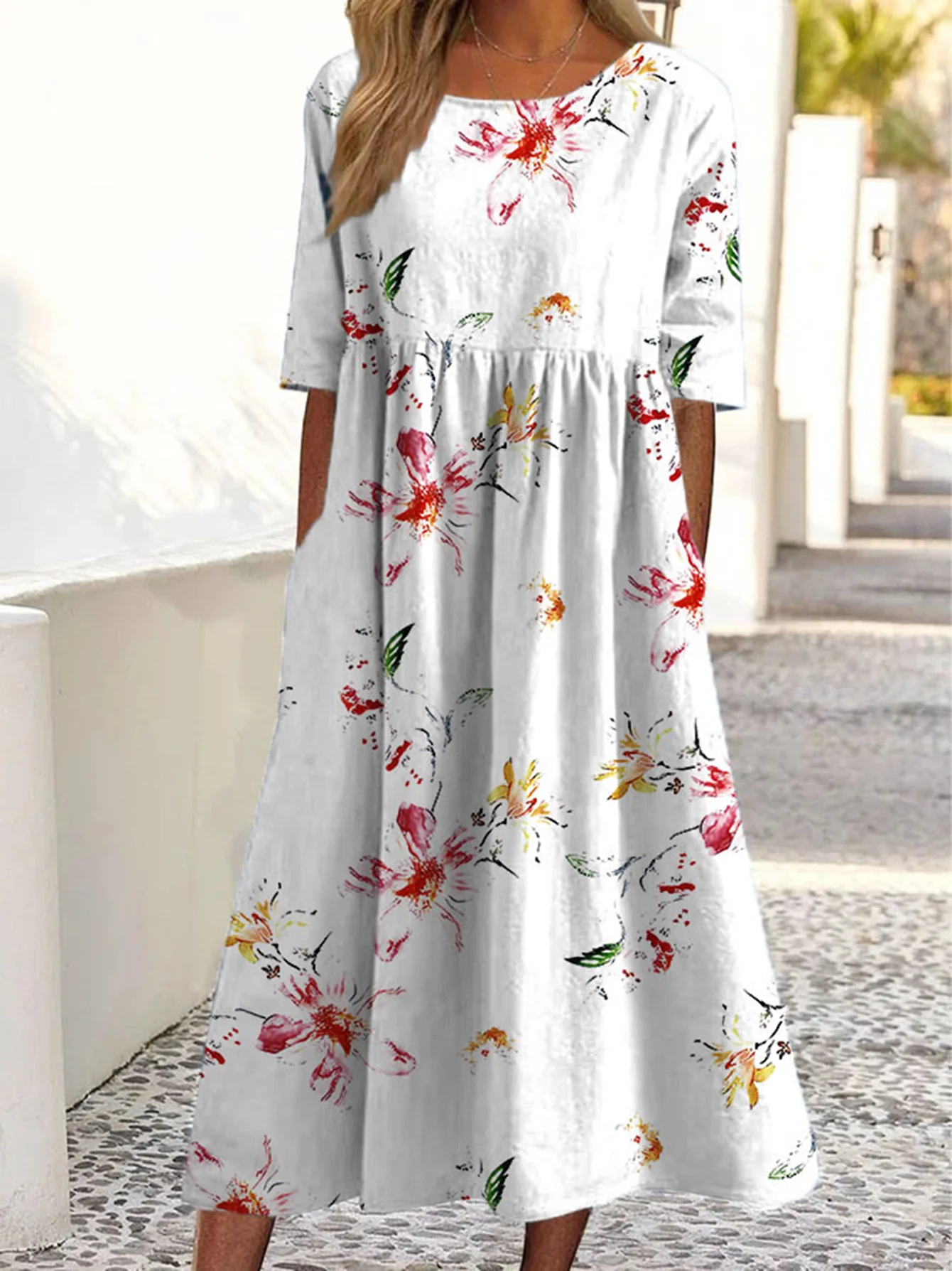 2026 Sommer Damen Freizeitkleid mit Rundhalsausschnitt, gepolstert, kurzärmelig, bedruckt – Detail 2