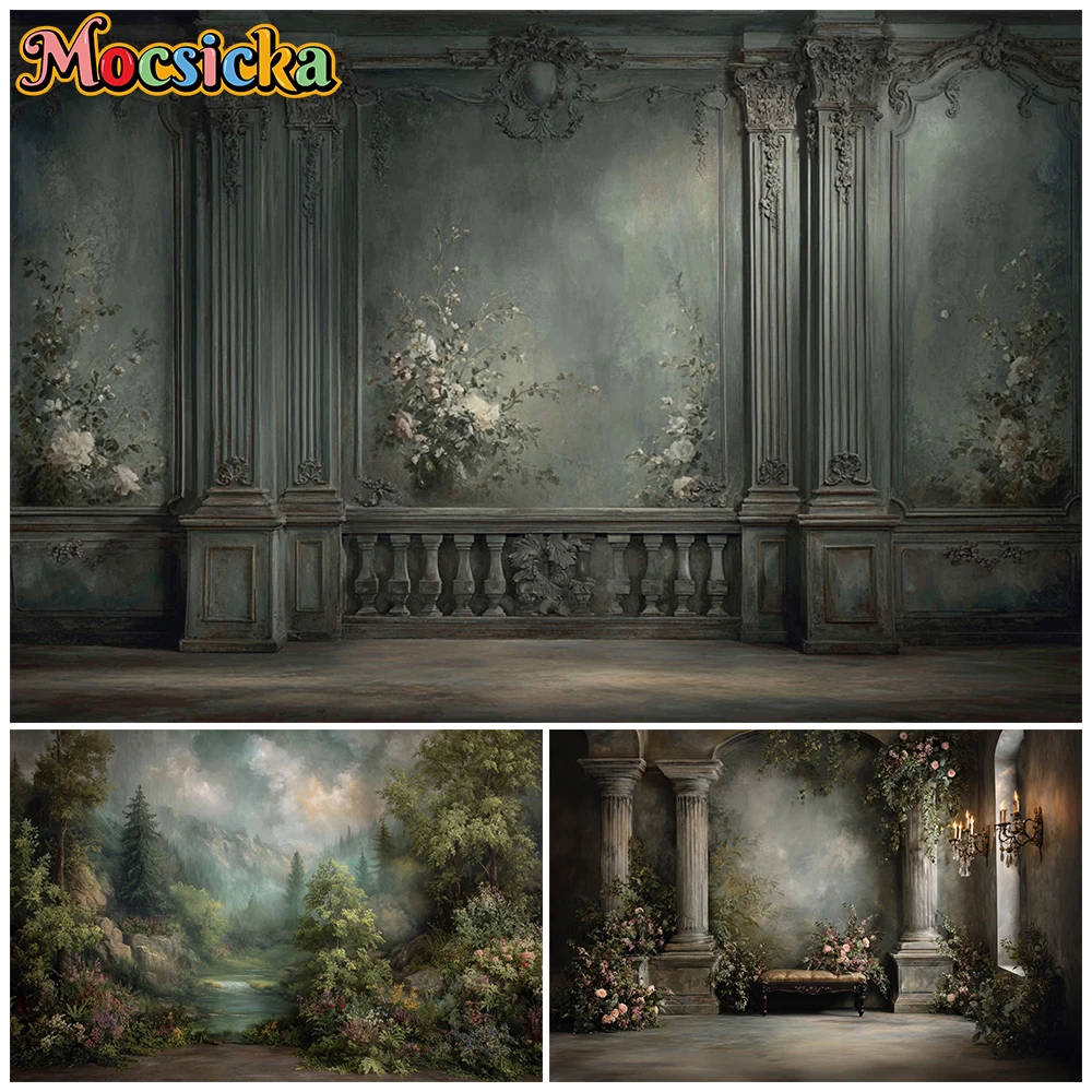 

Mocsicka Retro Photography Backdrop Palace Wall Abstract Green Forest Tree Decoration Wallpaper Family Portrait Photo Background