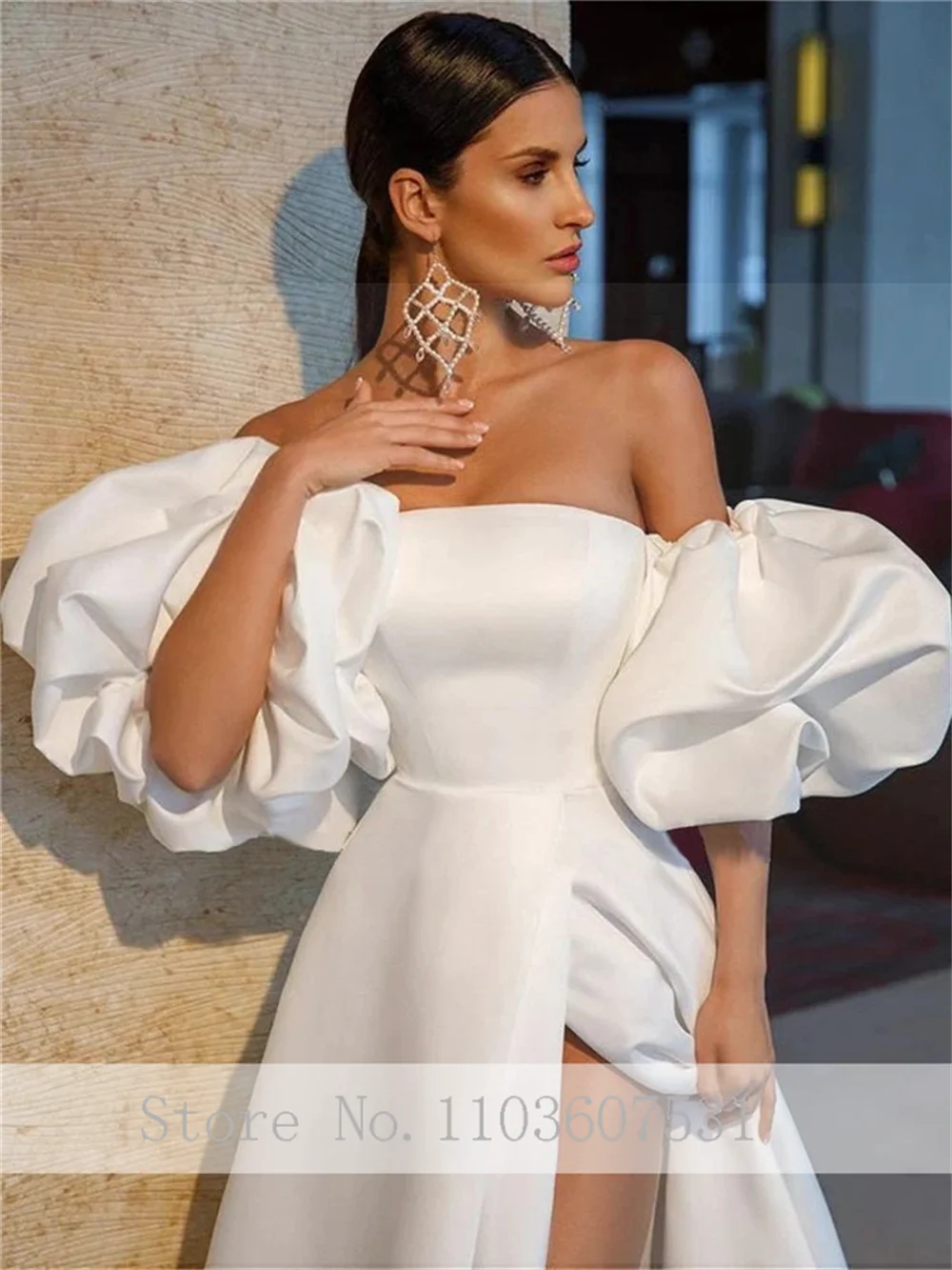 Vestido de novia de satén con cuello barco para mujer, vestido de novia con manga extraíble, corte en A, abertura lateral, modesto