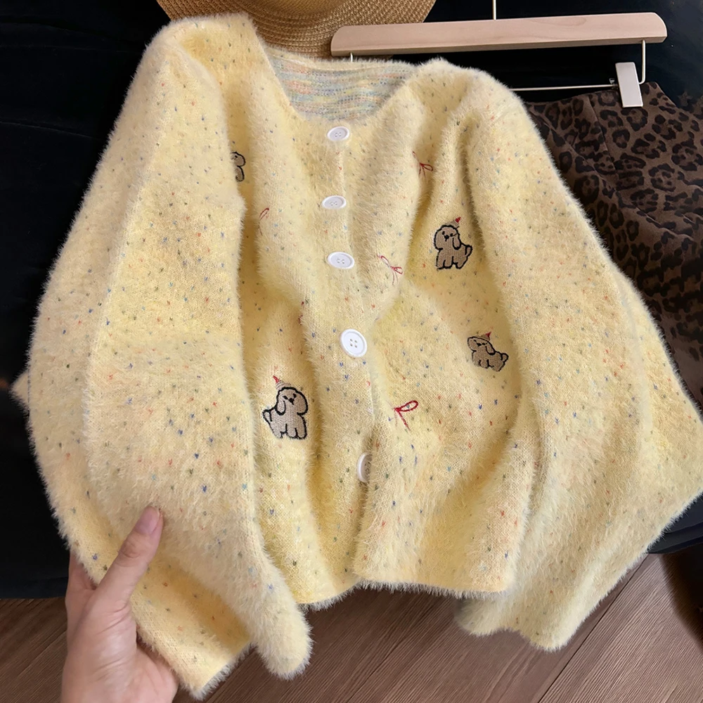 

Soft Warm Plush Knit Cardigans for Women Autumn Winter Cute Yellow Cartoon Embroidery Sweater Single Breasted Knitted Coat