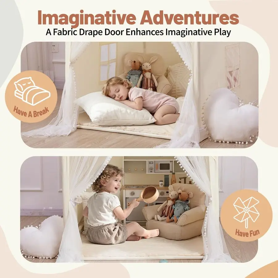 Tenda per bambini Tenda da gioco beige con tenda lunga a rete Casetta da gioco grande per interni ed esterni Castello da gioco per casa per ragazze e ragazzi