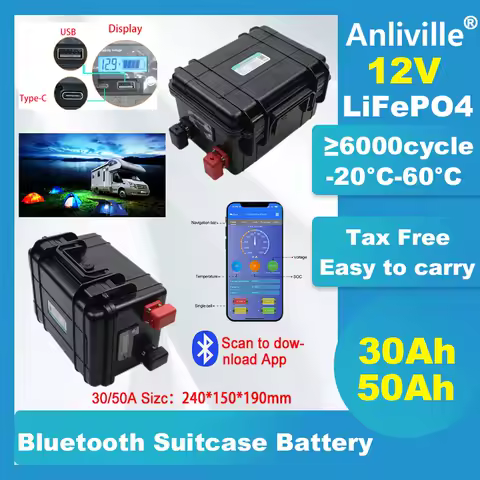New 12V 30Ah 50Ah LiFePO4 Battery with Bluetooth App, Rechargeable Deep Cycle for Camping Solar Power, RV, Off-grid, Boat