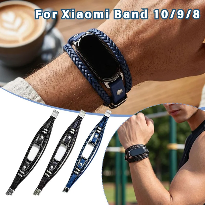 Double Braided Leather Watch Strap For Xiaomi Mi Band 8 7 6 5 Woven Replacement Wrist Band Adjustable Bracelet Accessory