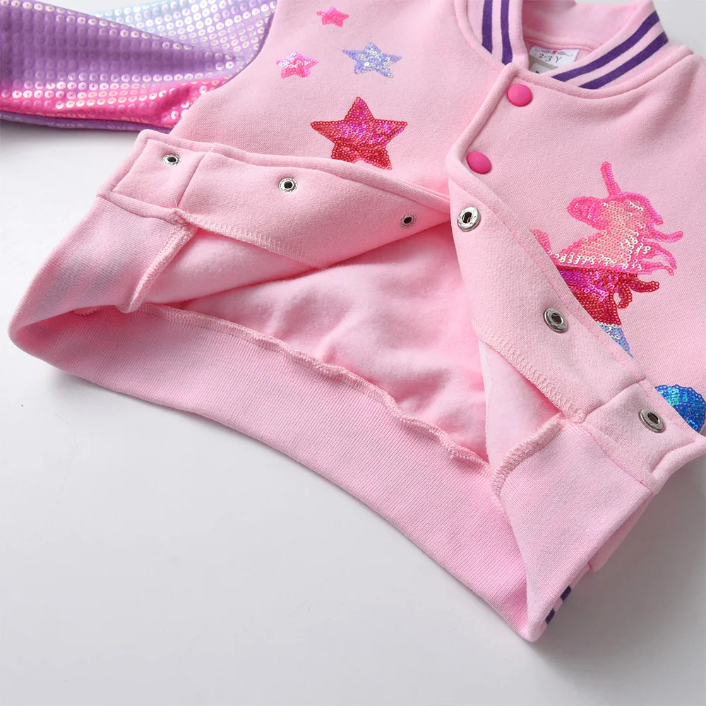 VIKITA Kids Autumn Winter Thick Jacket and Coat Girls Unicorn Sequined Appliqued Pink Outwear Kids Cotton Casual Sport Jackets