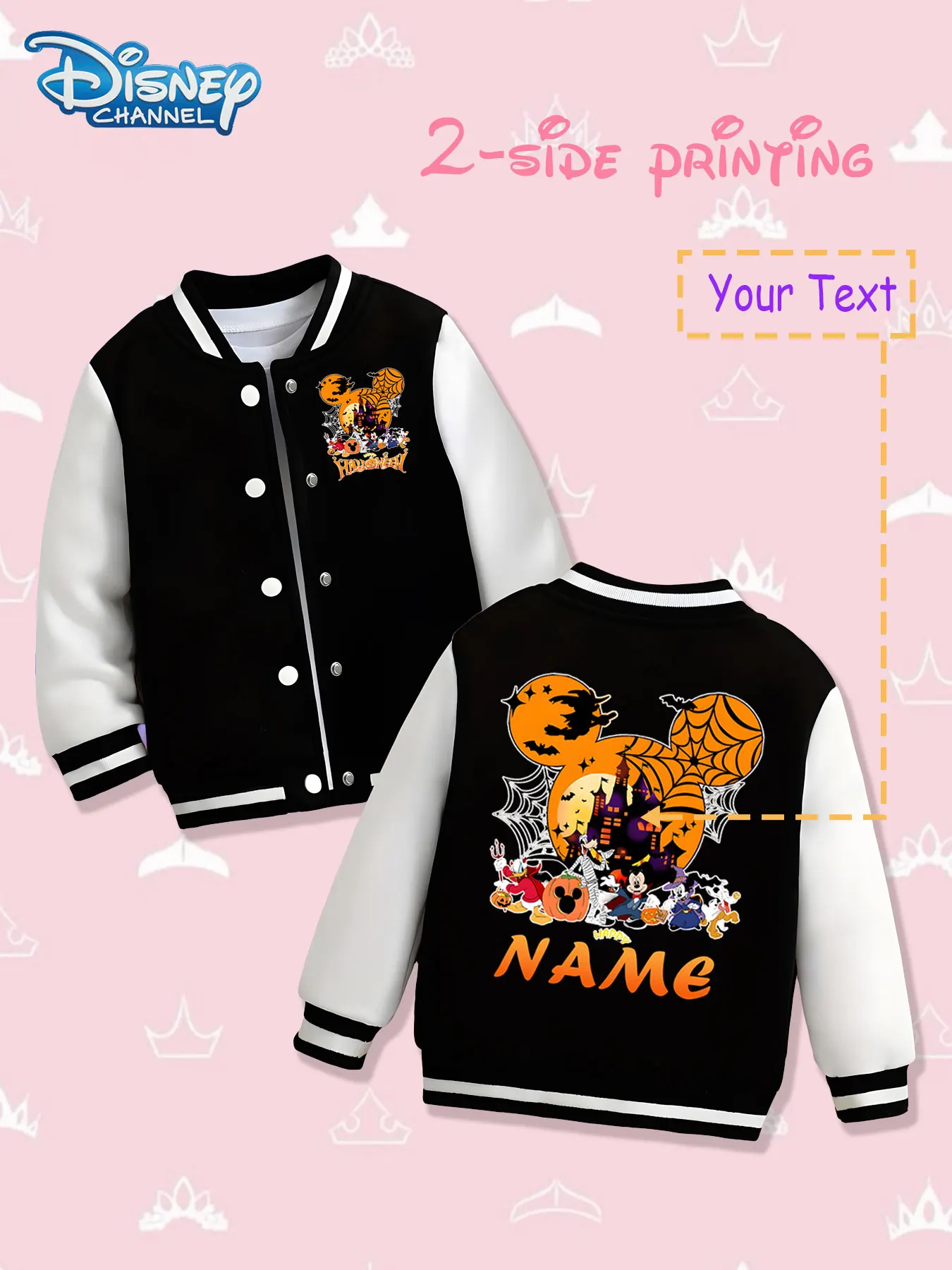 

MINISO Disney Halloween themed girls' baseball jacket - double-sided holiday prints, warm and atmospheric in autumn and winter,
