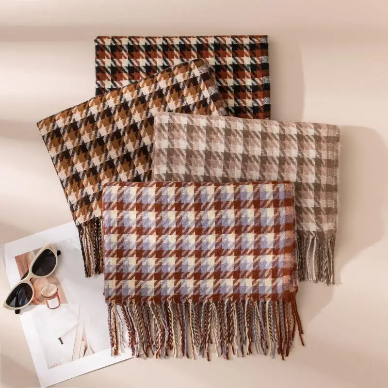 Women Vintage Houndstooth Shawls Imitation Cashmere Autumn Winter Warm Mantilla Scarf Tassels Ultra Long Luxury Muffler Cape