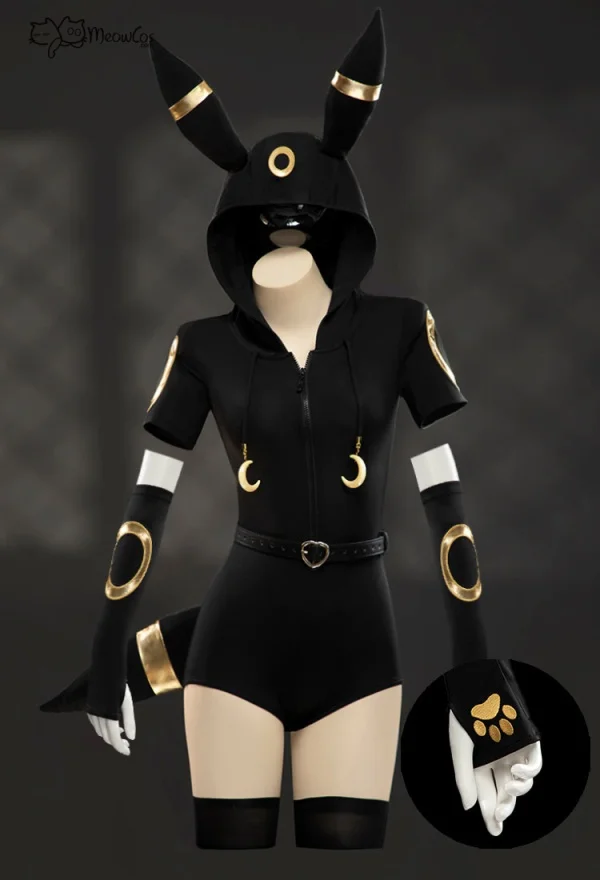 

MEOWCOS Women Moonlight Fox Dark Gray Romper Hooded Bodysuit with Sleeves Stockings Belt and Tail Halloween Cosplay Costume