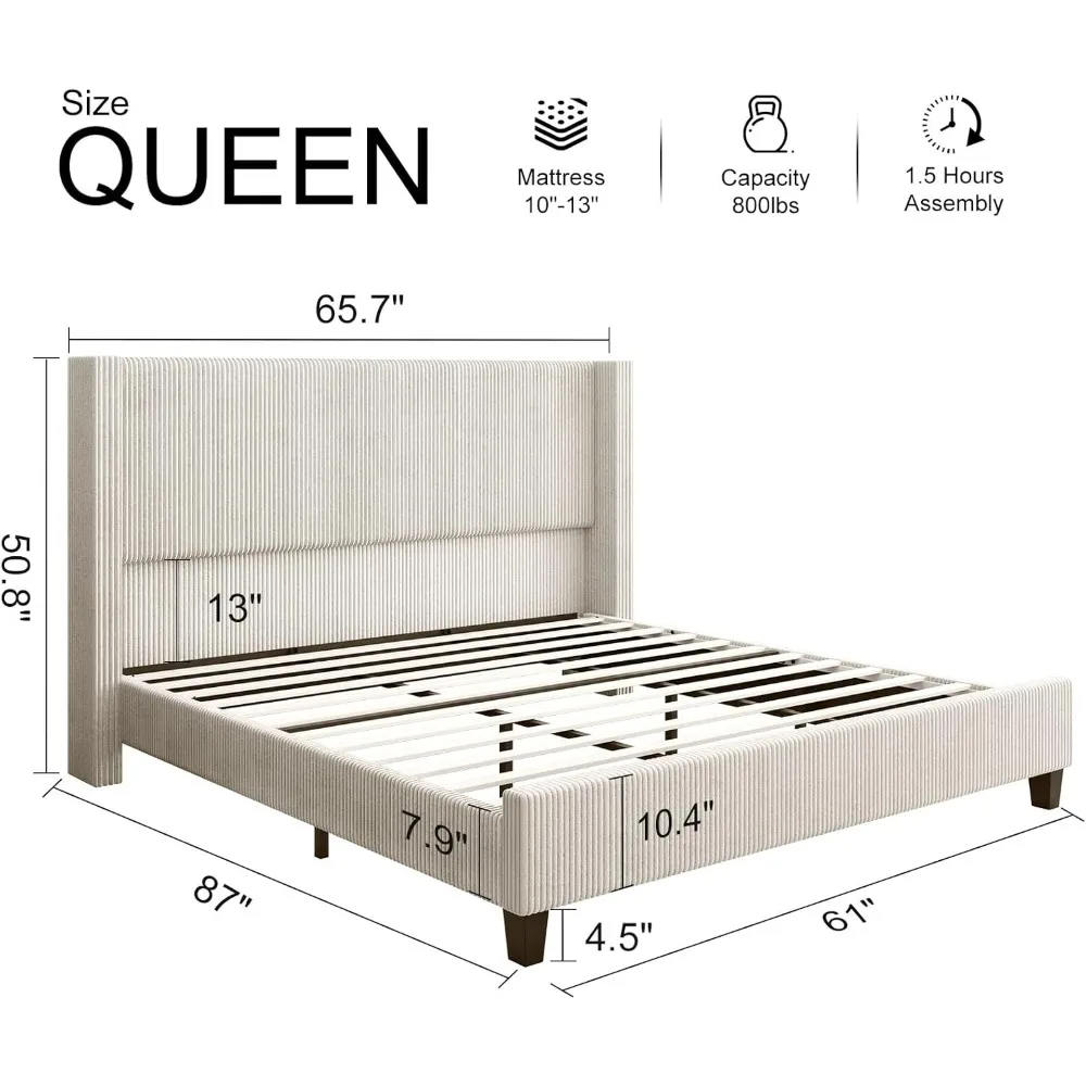 HOWE Queen size gestoffeerd platformbedframe, wingback bed met 50,8" hoofdeinde, corduroy/massief houten poot/geen boxspring nodig/