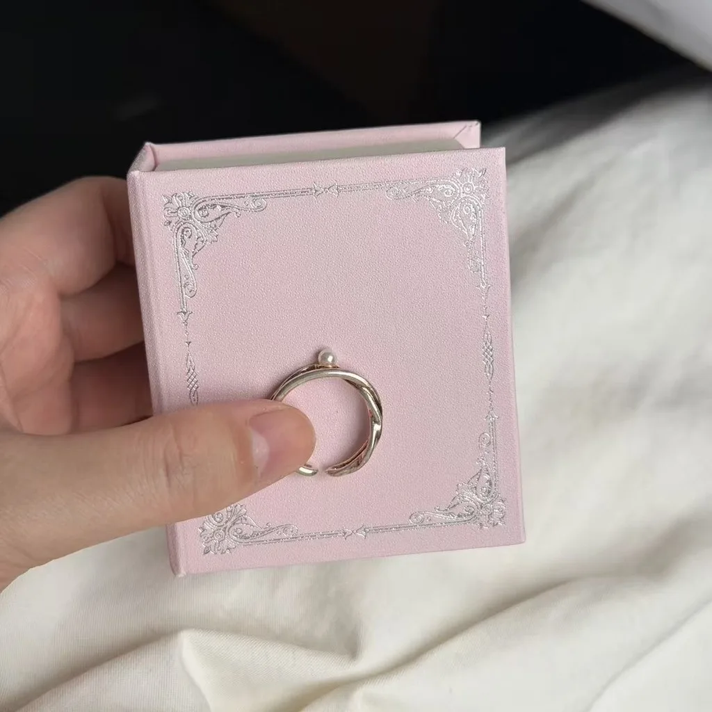 Flip Magnetic Mini Book-shaped Jewelry Box Silver Foil Trim Velvet Lined Gift Box for Rings Earrings Necklaces Pink Blue