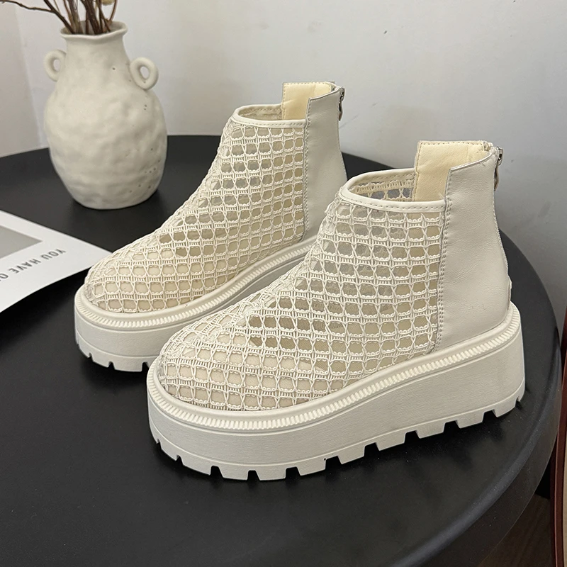 

New Summer Women Platform Cool Ankle Boots Mesh Breathable Chunky Heel Zipper Streetwear Combat Sandals Boots Casual Shoes Mujer