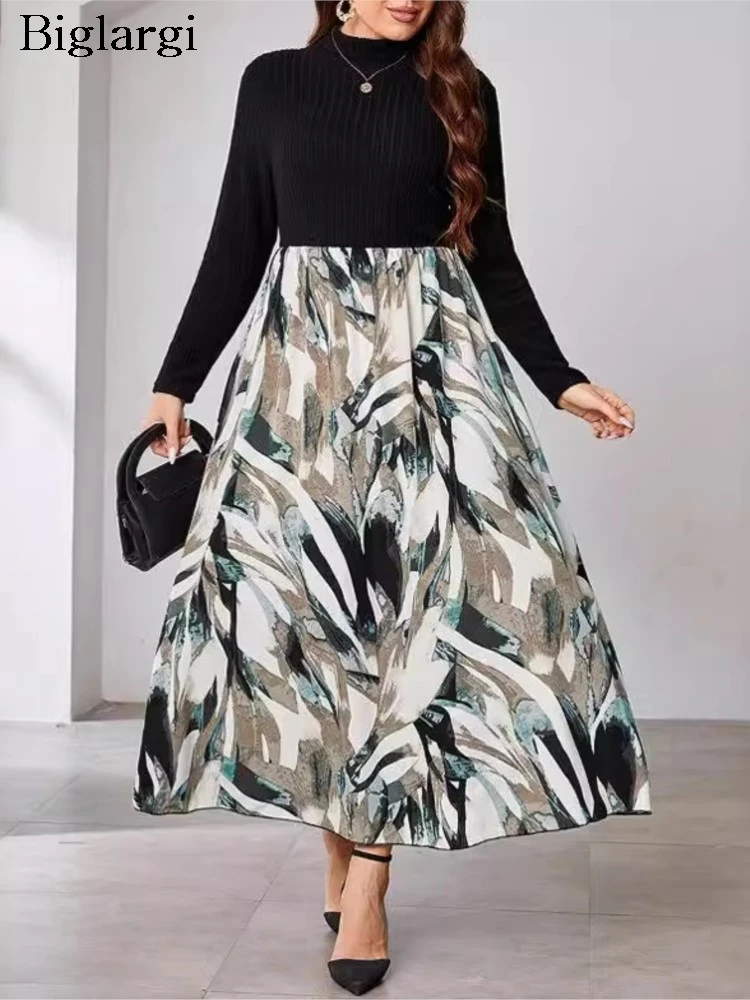 

Plus Size Spring Turtleneck Long Dress Women Floral Print Modis Patchwork Ruffle Pleated Ladies Dresses Long Sleeve Woman Dress