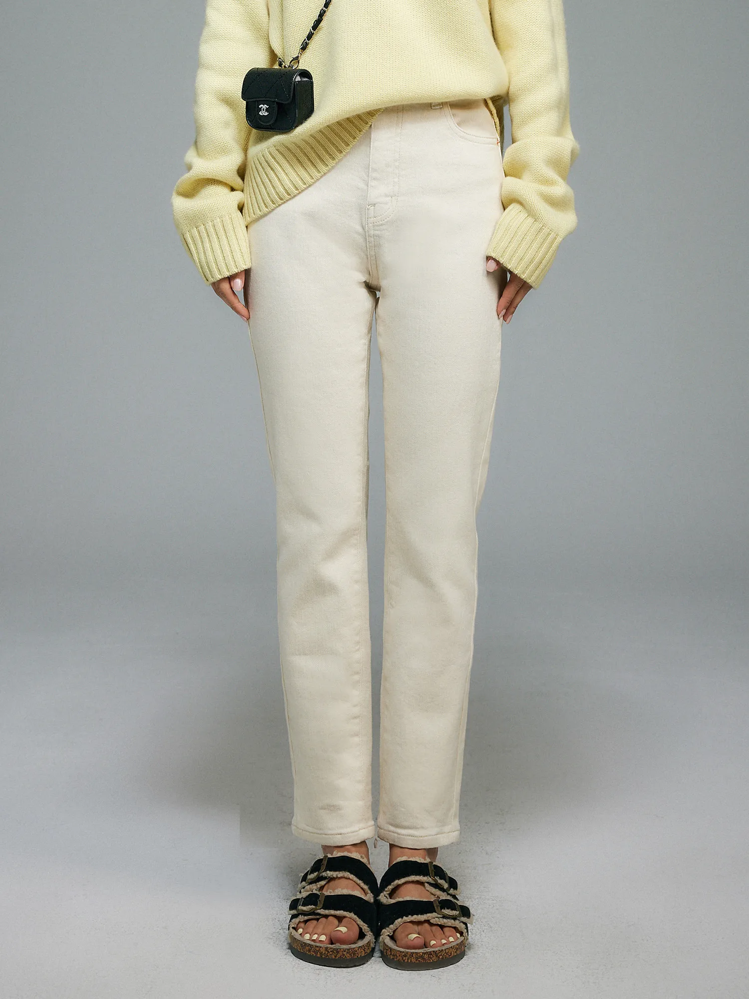 

Thickened Fleece Autumn Winter Straight Leg Jeans Lengthened Proportional Slimming Women's Mid-Rise Natural Waist Jeans