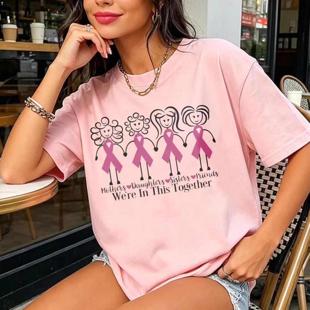 Breast Cancer Awareness Graphic Tee Casual Cotton Women T‑Shirt Pink Ribbon Support Streetwear Tops Family Sisters Autumn Wear