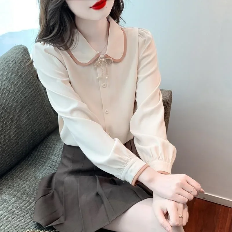 

Elegant Collar Long Sleeve Women's Shirt Autumn Collection Fashionable Top Ladies Shirt Button Down Loose Fit