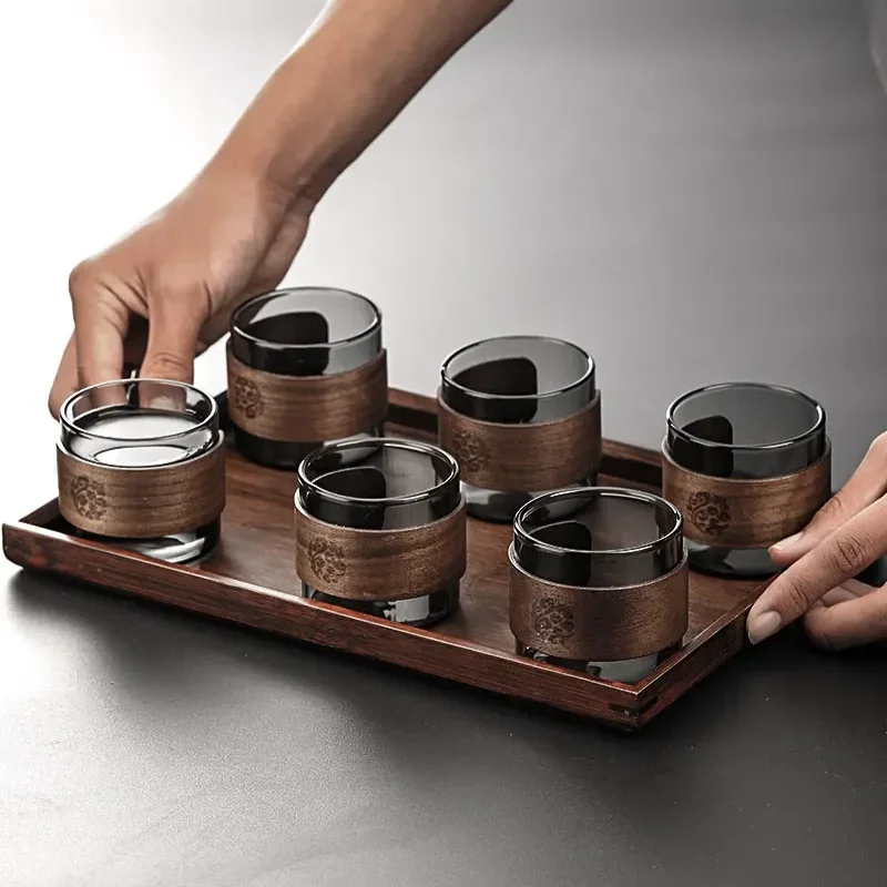 Japanese Style Heat-resistant Glass Tea Cup with Scald Proof Wooden Holder Kungfu Tea Set Master Cup Household Coffee Mug