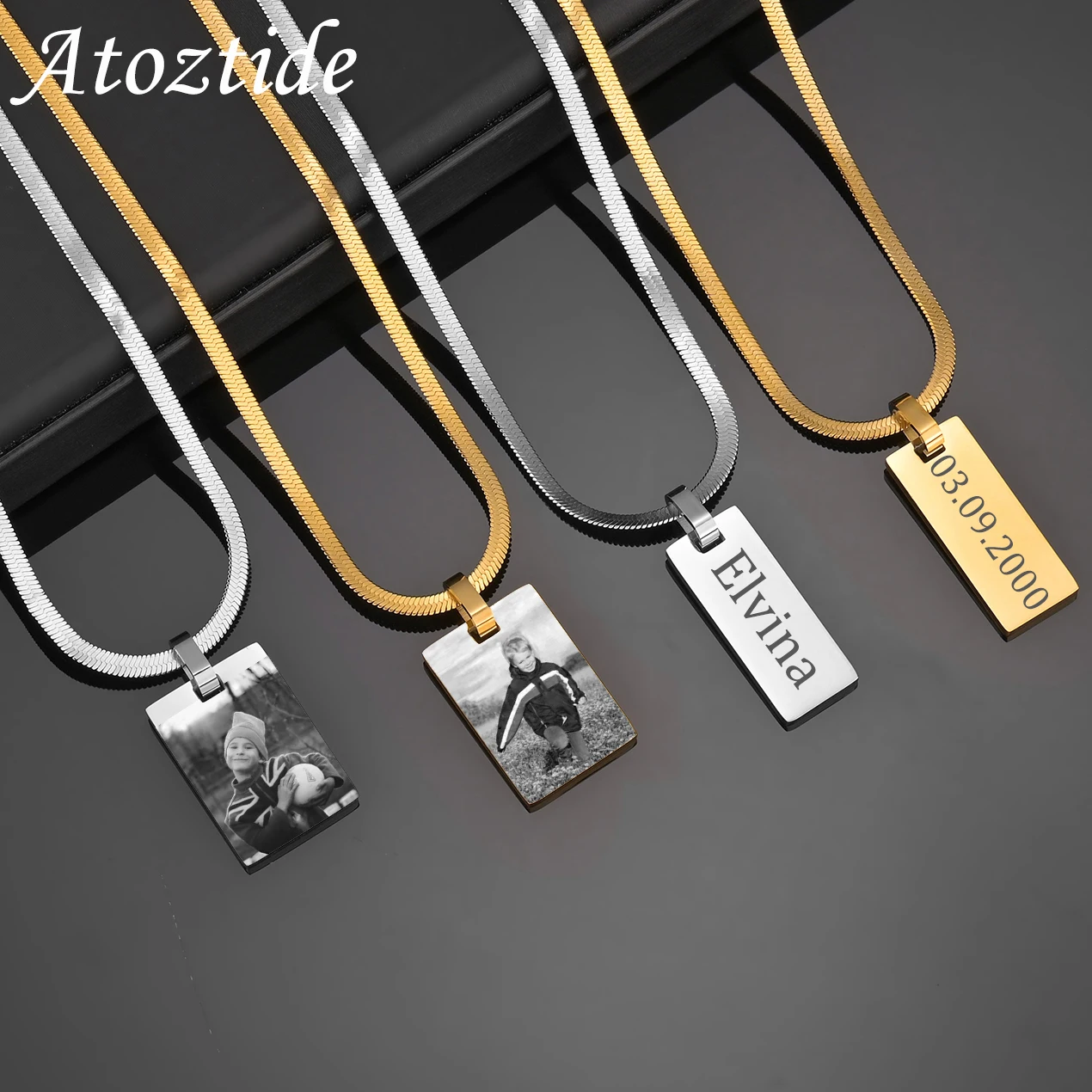 Atoztide Personalized Engrave Picture Name Necklace Stainless Steel for Women Strip Heart Blade Chain Pendant Jewelry Gift