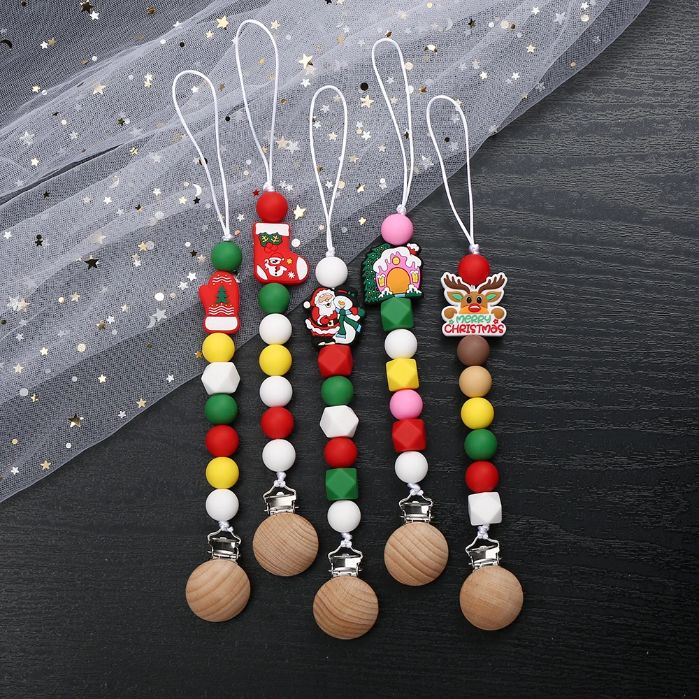 Cartoon Baby Pacifier Holder Clip Wood Crochet Christmas Beads Silicone Soother Teething Chain Nursing Chew Toy Baby Dummy Chain