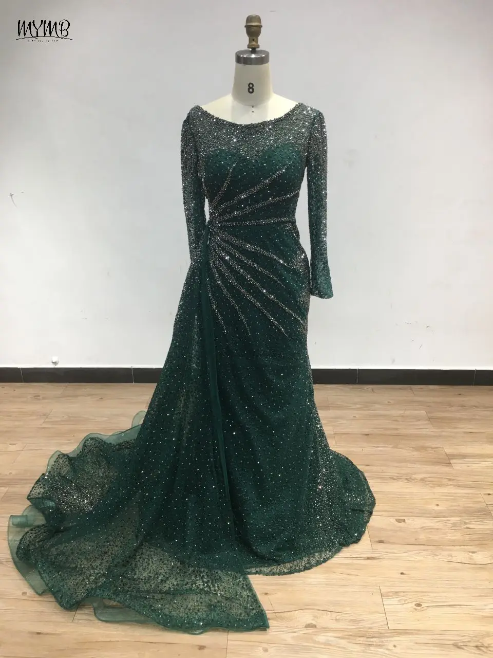 

MYMB Green Elegant Long Sleeves Mother of The Bride Dress 2024 New Amazing Mermaid Beaded Muslim Evening Gown for Women Party