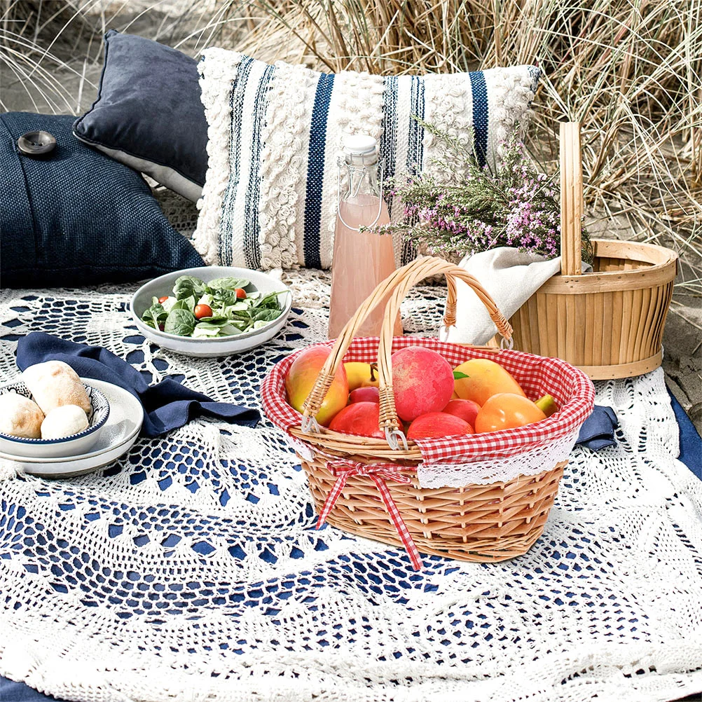 Picnic Basket Red with Handle Large Fitted Baskets Round Fruit Blanket Foldable Table Wicker Cooler Shopping