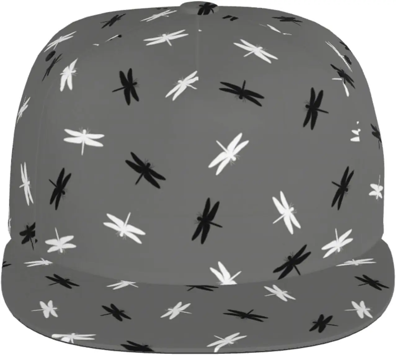 Dragonfly Black and White Art Pattern Flat Bill Hat, Unisex Snapback Baseball Cap Hip Hop Style Flat Visor Blank Adjustab