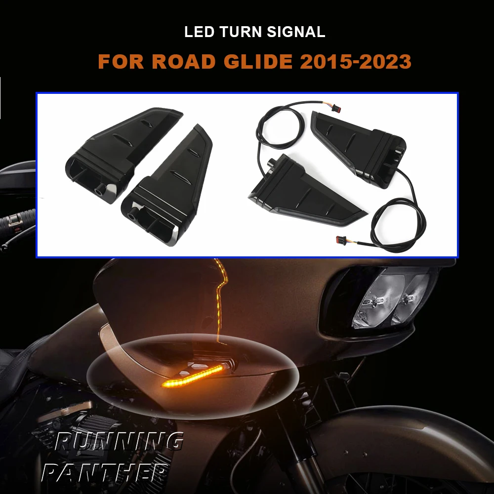 

For Harley Road Glide FLTRX FLTRU FLTRK 2015-2023 Side Turn Signal LED Lights Running Lamp Flowing Black Motorcycle Accessories