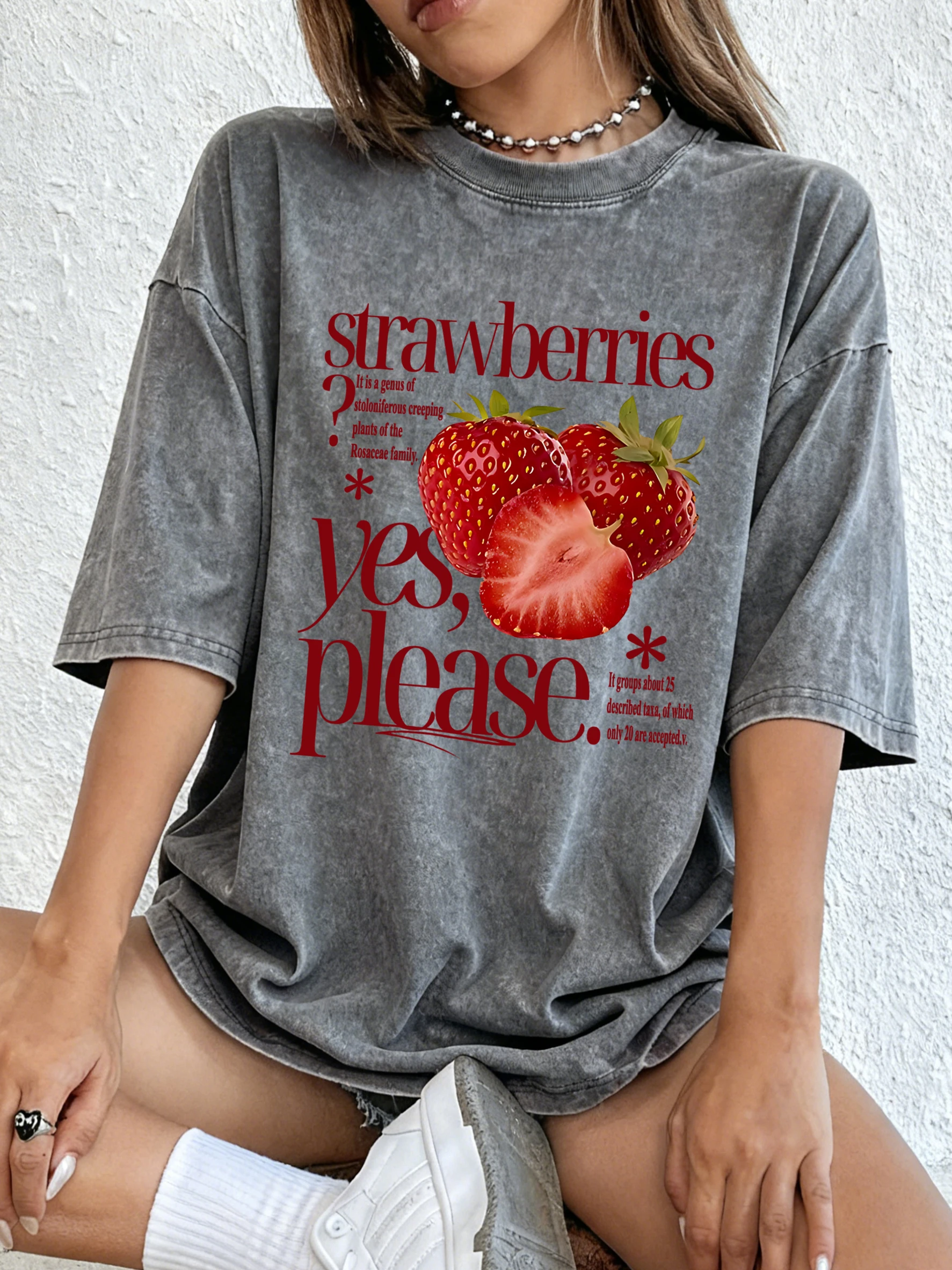 

Клубника, фрукты, да, пожалуйста, стираная футболка с принтом, женские летние повседневные футболки в стиле хип-хоп, хлопковая уличная одежда, свободная одежда для бега