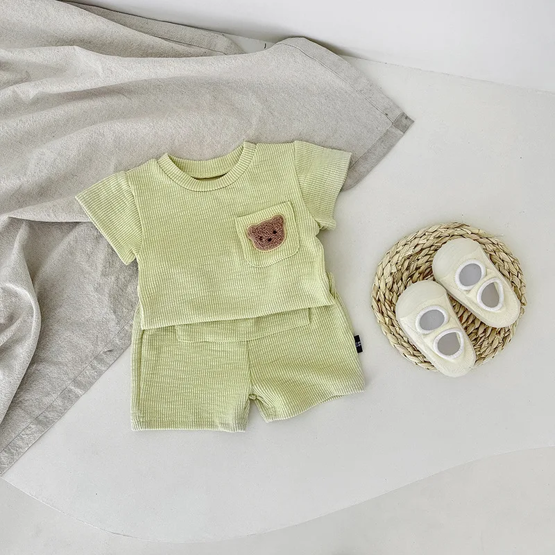 Newborn Baby Summer Solid Solor Set Girl Cute Bear Embroidery Pocket Short Sleeves Tops + Boy Cotton Soft Shorts 2pc Suit