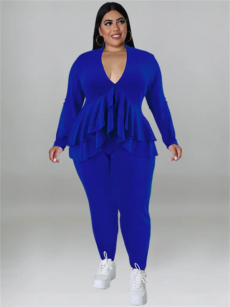 Wmstar Plus Size dwuczęściowe stroje damskie V Neck Ruffles Hem Top legginsy zestawy solidna Stretch dres hurtownie Dropshipping