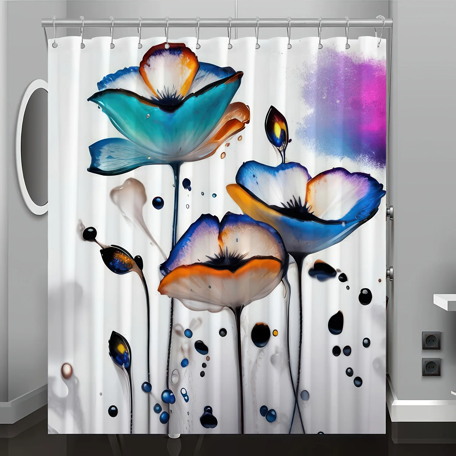 

1 шт. современная занавеска для душа с цветочным принтом — яркие синие и оранжевые тюльпаны, моющийся полиэстер, можно стирать в машине, всесезонная ткань