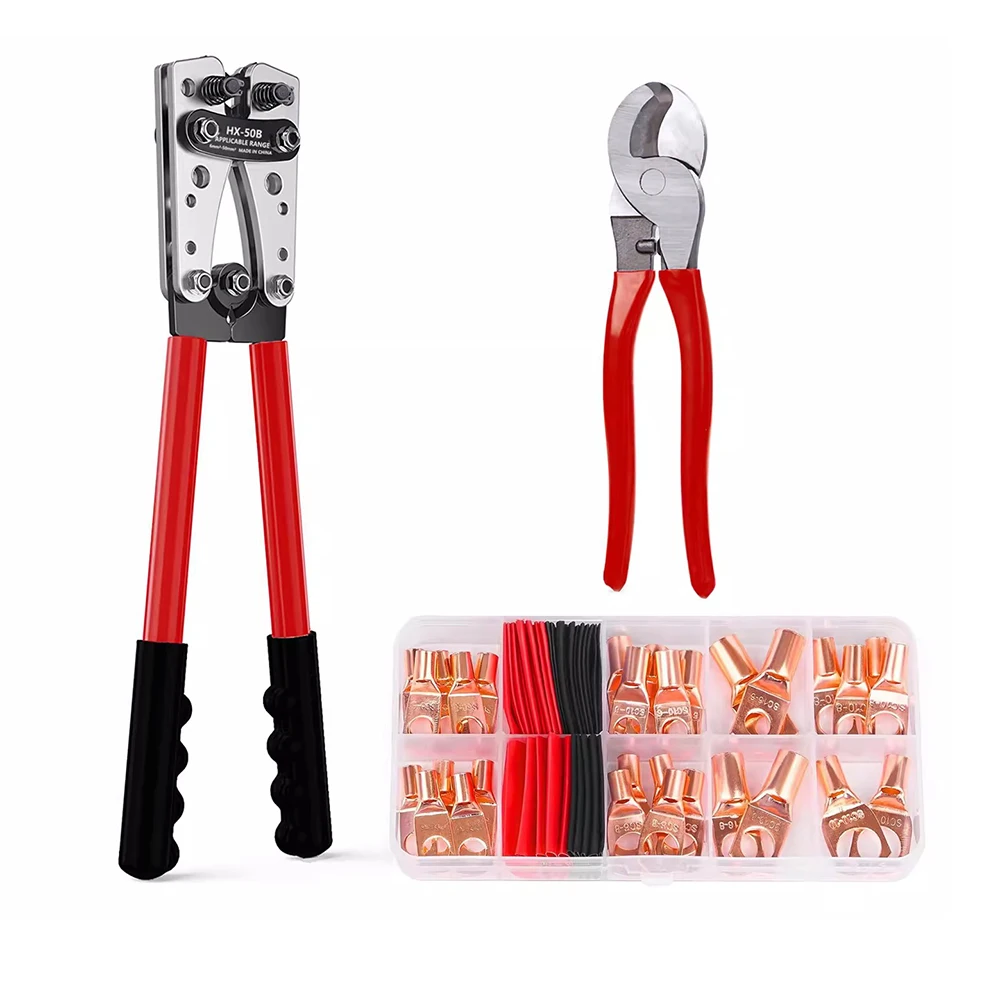 Battery Cable Lug Crimping Tool Kit Cable Cutter and Copper Lugs Assortment Heat Shrink Tubing Wire Crimper Set HX-50B +LK-60A