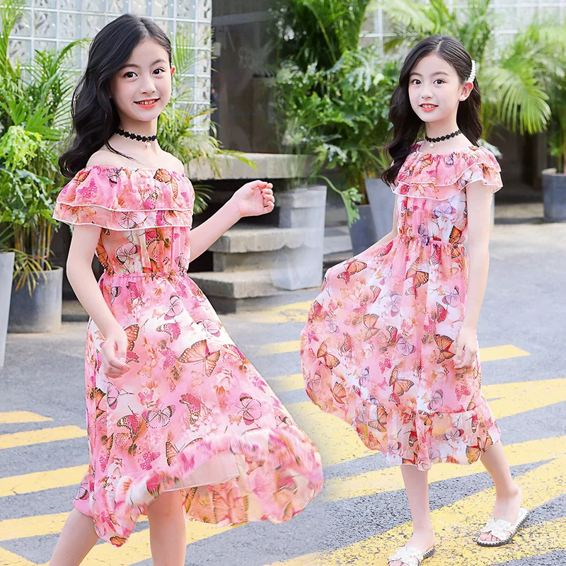 2023 summer Kids baby Girls Long Dress Flower Chiffon Bohemian Beach lace thin Princess mesh 5 7 9 10 11 12 14 15 years teens