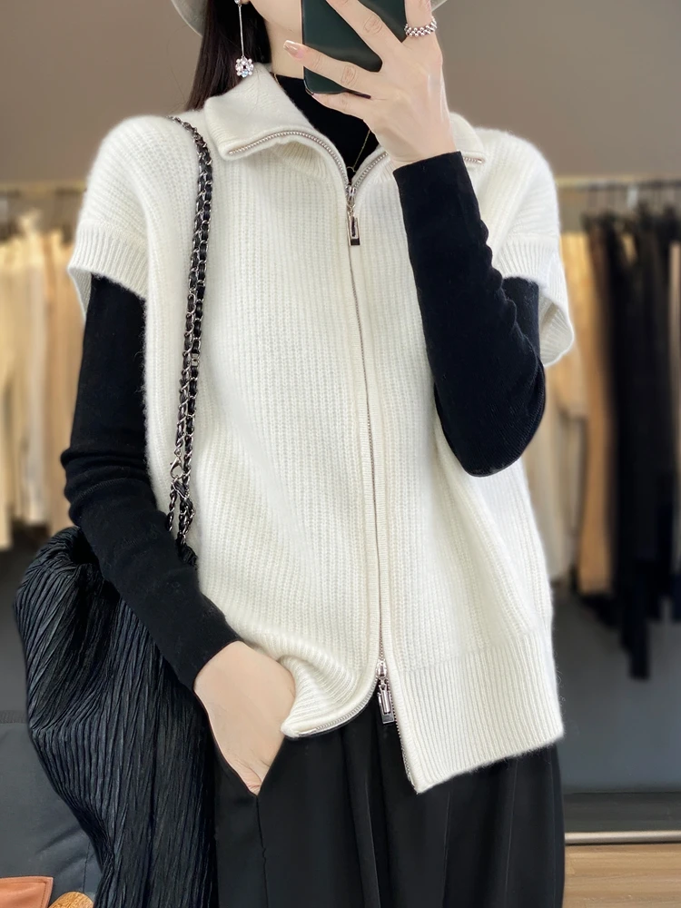 Qingdao Brand Ordos High Ne Camere Vest Autunno Inverno Colletto rovesciato Doppia cerniera Cardigan aperto Gilet da donna