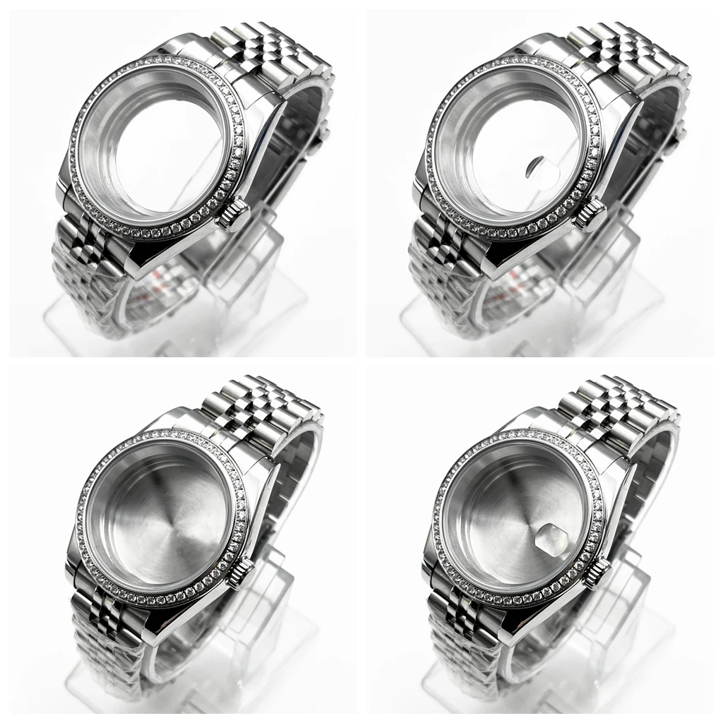 Caja de reloj RICHUS de 36mm/39mm, bisel de piedras preciosas de cristal de zafiro con correa compatible con movimiento de la serie NH35 NH36 ETA2824 2836 PT5000 Miyota82