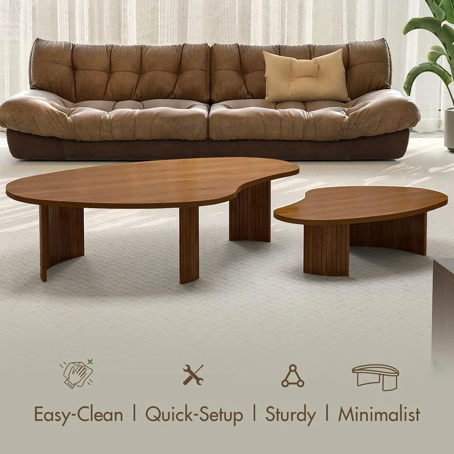 Walnut Nesting Coffee Tables Set of 2, Mid Century Modern Center Table with Fluted Wooden Legs and Oval Mango Shape, Customized
