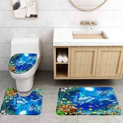 3D Printed Sea Animal Bath Mat Set Sea World Dolphin Pattern Bathtub Decoration Seawater Landscape Bathroom Decoration