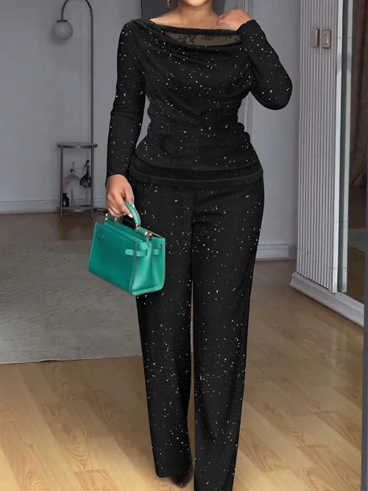 

2 Pieces Outfit One Shoulder Lace Patchwork Long Sleeve Top and Elastic Waist Wide Leg Pants Set Casual Glitter Set