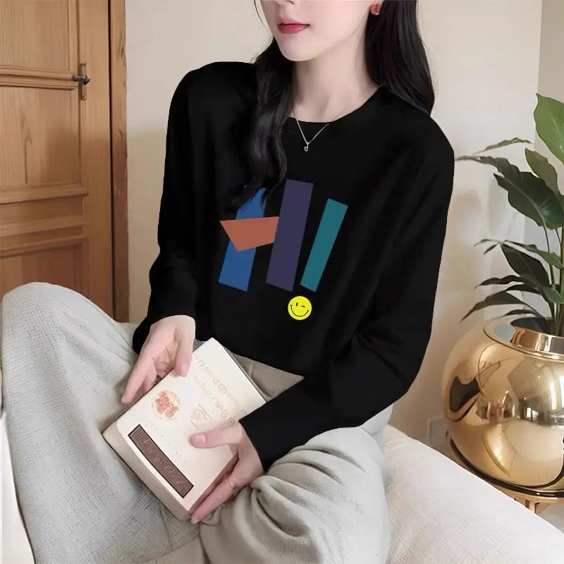 Autumn Pure Cotton O-neck Long Sleeve Tshirt Women Clothing Fashion Letter Print Pullover Office Lady Oversized Top Tee 35-100Kg