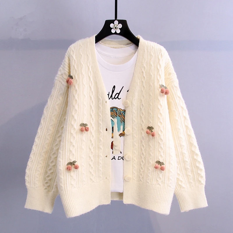 Three Dimensional Cherry Knitted Sweater Cardigan Women Spring Autumn V-neck Long Sleeved Jacket Loose  Versatile Short Top