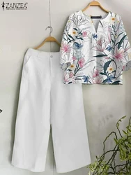 2024 Summer Women Pant Sets ZANZEA 2PCS Holiday Outfits Short Sleeve Floral Blouse Trousers Suit Elegant OL Work Matching Sets