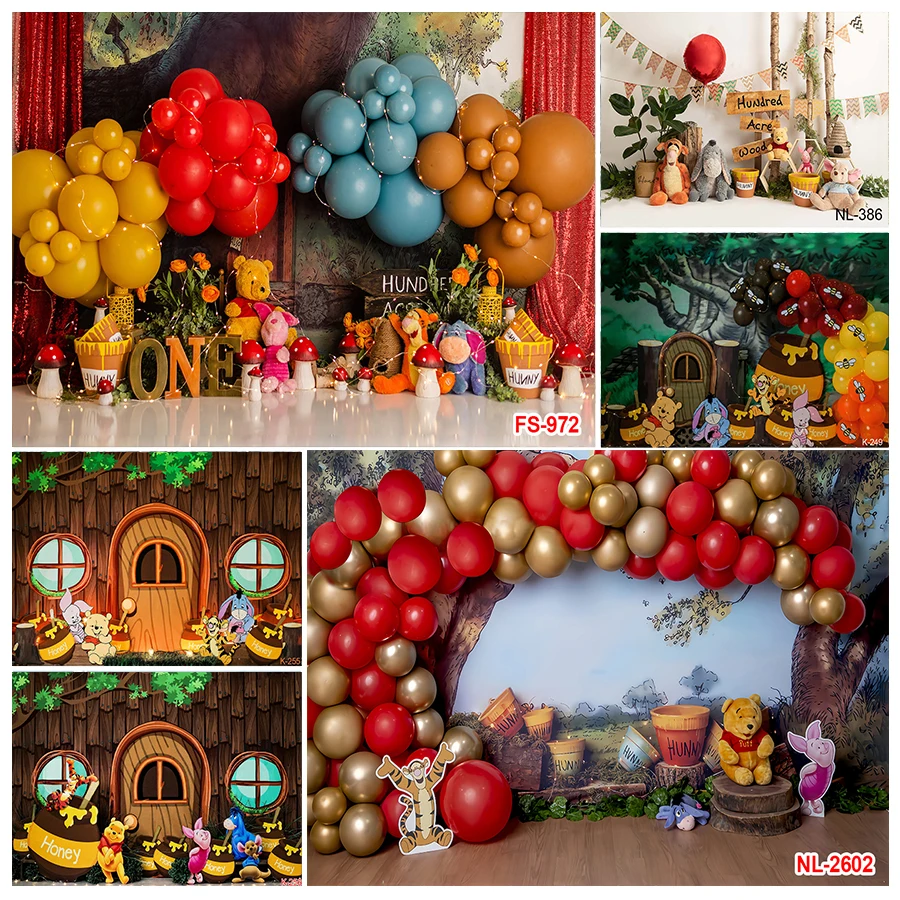 

Winnie The Pooh Yard Backdrop Tree House Hunny Jar Background for Newborn Baby Photoshoot Classic First Birthday Party