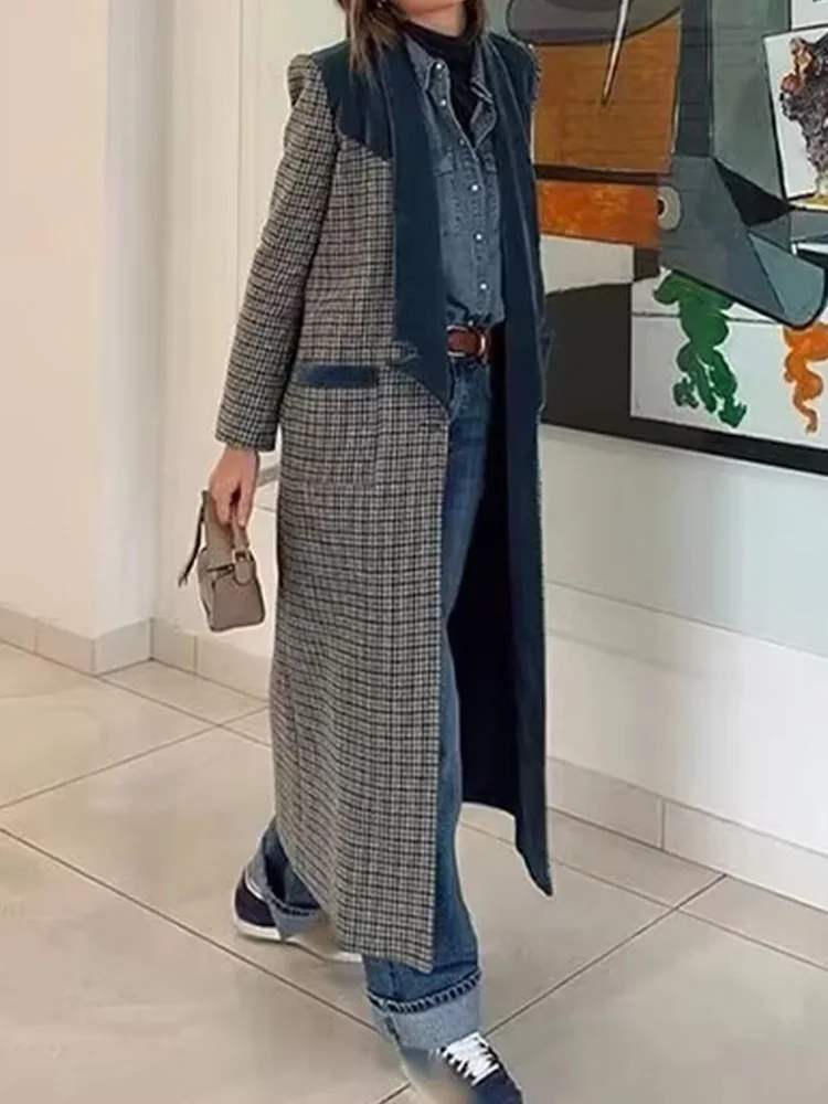 Trafza Damen neue Mode Turn Down Kragen Langarm Single Button Plaid Woll jacke weibliche schicke elegante Taschen mantel Mujer