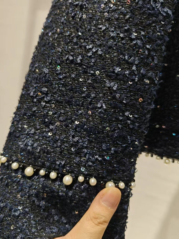 الرجعية اليدوية تويد التلبيب الأزرق الأعلى زرر الترتر ملابس خارجية للنساء الفاخرة Sle الوقوف صالح طويل Sve معطف الخريف