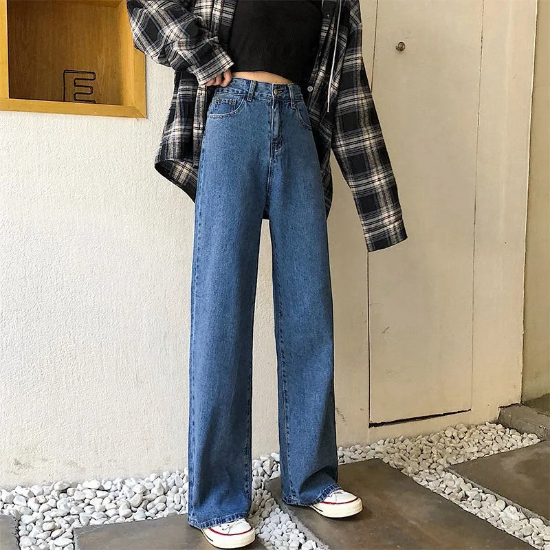 Bright Colors High Waist Straight Leg Jeans, Women's Autumn and Winter Casual Wide-leg Pants, Water Washing Floor-length Jeans