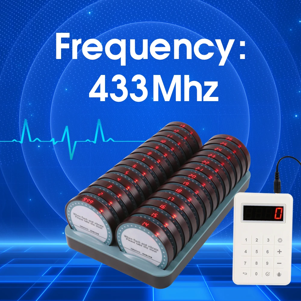 Wireless Restaurant Pager System 26 Coasters with Keypad 300 Meters Waterproof Vibrate Flash Ring for Food Truck Cafe Shop Bar