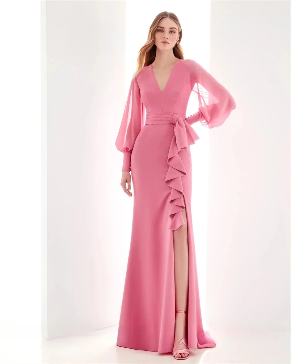 Customized Customized Mermaid Simple Pink Jersey Evening Dress Elegant V-Neck Long Sleeves Homecoming Dresses Classic Special Oc