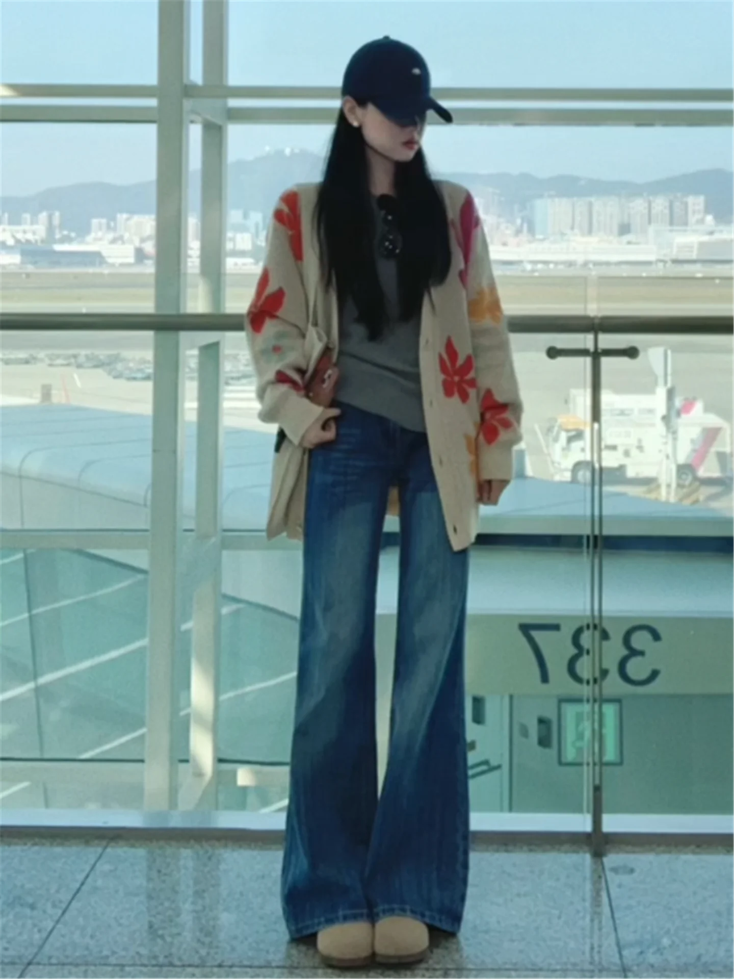 

Tall Women's Low Waist Bell Bottom Denim Jeans Spring Loose Drapey Versatile Floor Length Pants Retro Blue Bamboo Texture