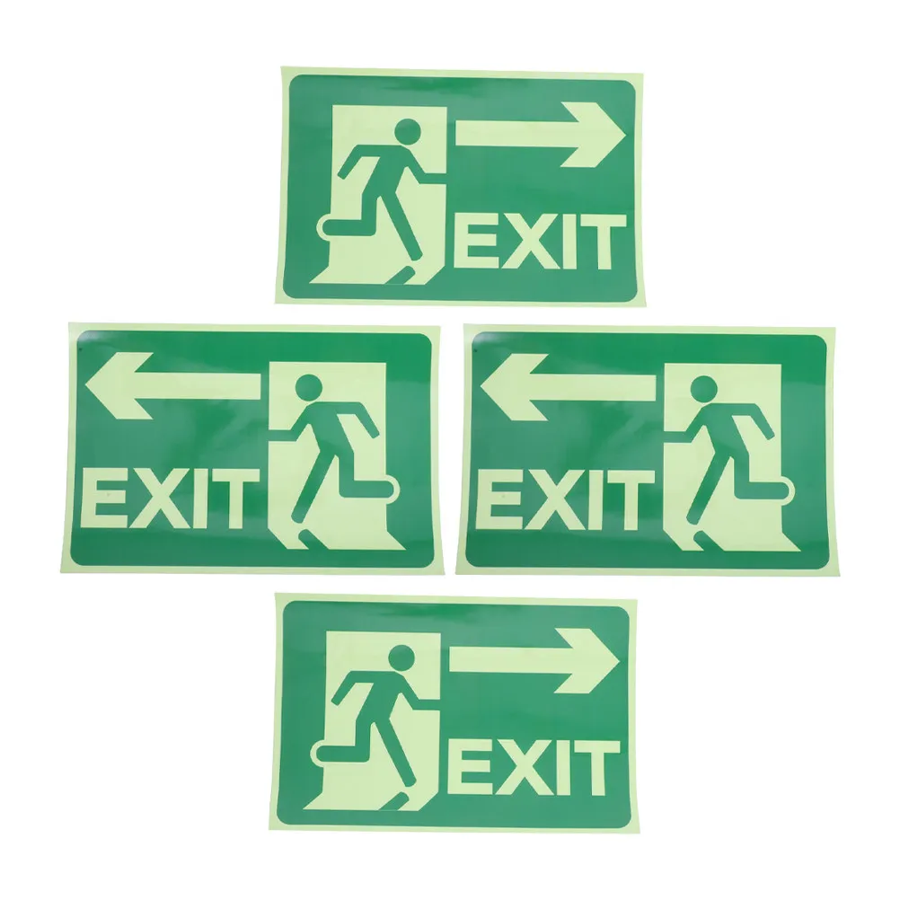 4 pegatinas luminosas de señalización de salida de visión nocturna, autoadhesivas para evacuación de emergencia, seguridad contra incendios en interiores y exteriores