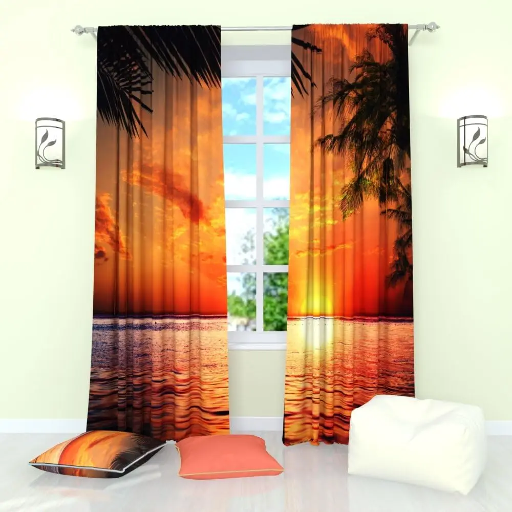 Sunset Ocean Window Curtains, Tropical Beach Palm Tree Sunset Print Drapes, Coastal Paradise Decor for Bedroom, Living Room
