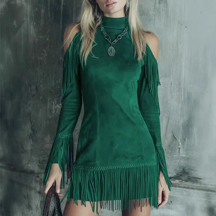 Elegant Party Dress for Woman Green Cold Shoulder Long Sleeve Dresses Half Turtleneck Ethnic Fringe Trim Mini Dress Solid Color